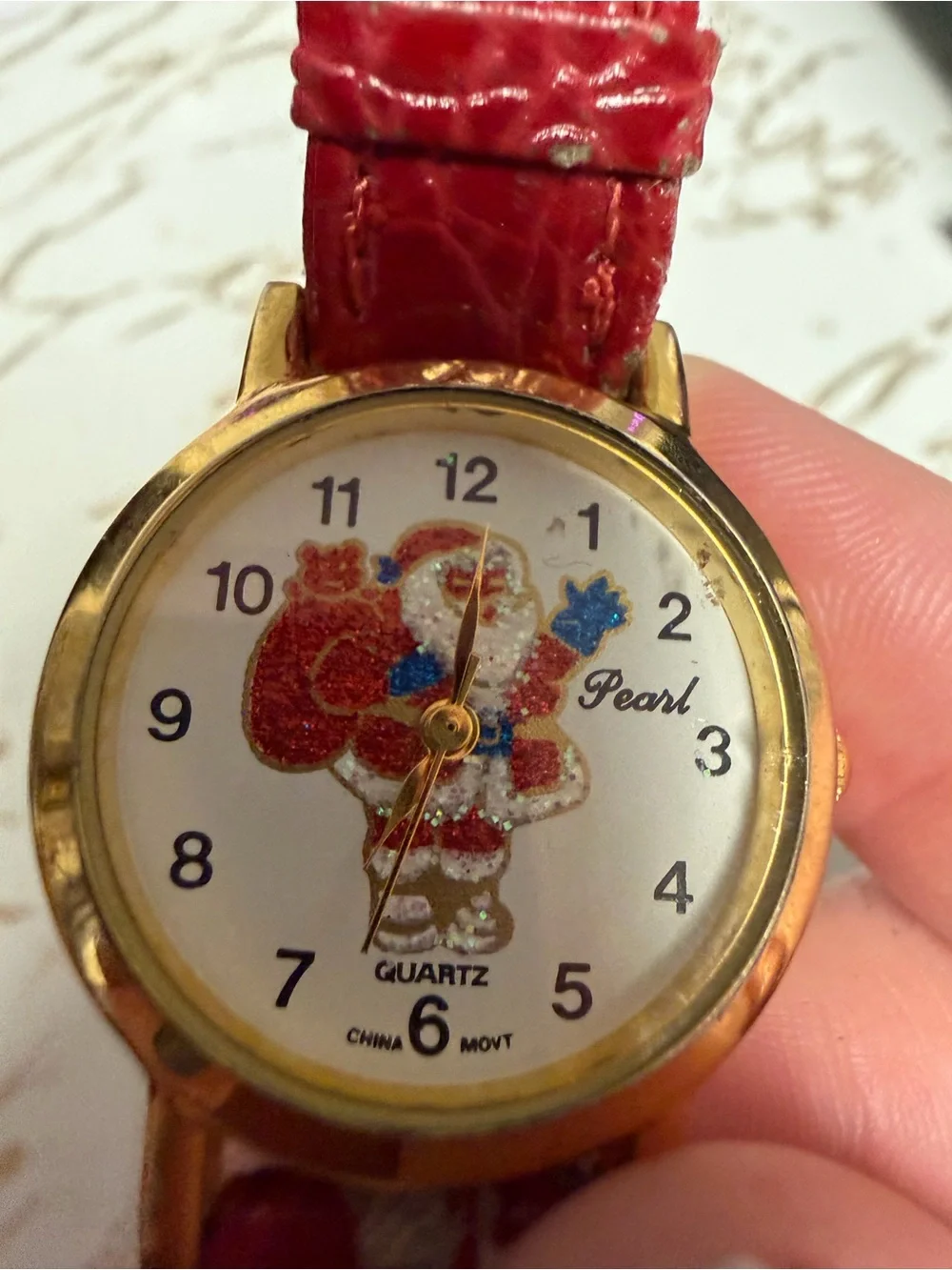 Vintage Pearl Santa Claus Quartz Watch Glitter Christmas Gold Tone Needs Band